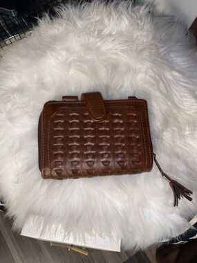 Brown Woven Leather Wallet with Tassel Accent